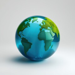 Fototapeta premium Globe illustration shows continents, oceans. Shiny surface reflects light, creating soft shadows. Simple design, clean aesthetic.