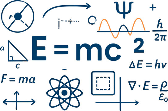 A collection of fundamental physics and mathematics equations and symbols, including E=mc&sup2;, F=ma, and an atomic model, representing scientific concepts.