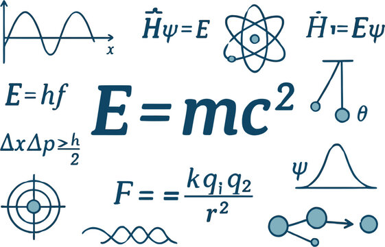 A collection of fundamental physics equations and scientific symbols, including E=mc&sup2;, quantum mechanics, and classical physics concepts.
