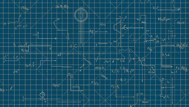 Blueprint with intricate scientific formulas, diagrams, and mathematical equations on a grid background.