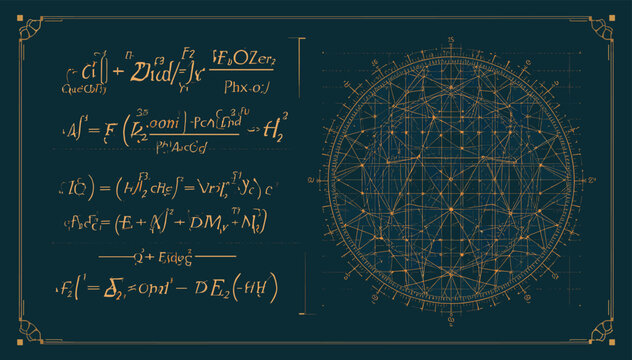 Intricate geometric diagram with complex mathematical equations on a dark blue background, suggesting scientific or theoretical concepts.