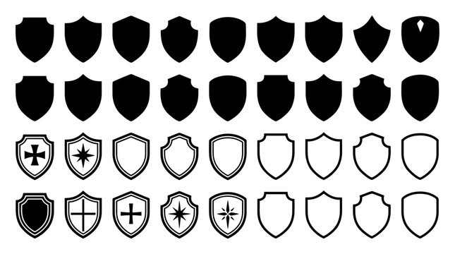 Collection of various shield icon designs and emblems for security concept with protection security collection internet technology isolated silhouette heraldic medieval guarantee interface