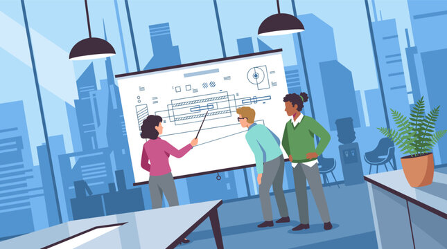 Diverse engineering team reviewing technical blueprint on projection screen in modern glass office building flat illustration