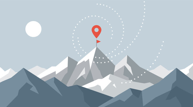 Minimalist flat illustration of snowy mountain peaks with red GPS location pin flag and dotted route path on grey sky