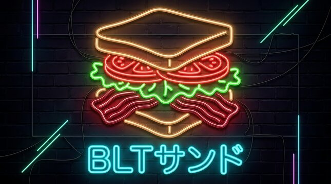 An Intricate Neon Sign Art Piece of a BLT Sandwich on a Dark Background.