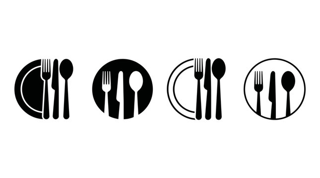 Set of dining and restaurant cutlery icons on plates with restaurant collection culinary business equipment cookware domestic catering hospitality consumption appetite silverware