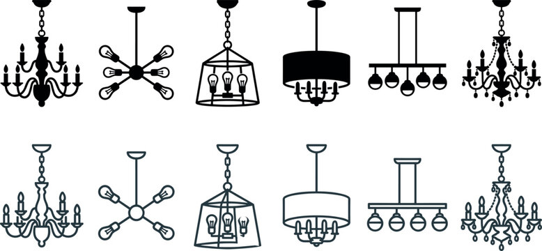 Chandelier and Ceiling Light Fixture Silhouette and Outline Vector Icon Set Featuring Classic Candelabras Modern Sputnik Lanterns and Drum Shade Lamps for Interior Design