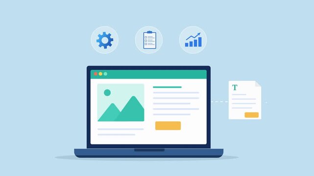 Modern flat vector animation featuring a laptop dashboard with workflow, task management, and analytics icons. Ideal for business operations, productivity tracking, reporting, and process optimization