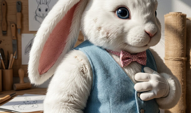 A charming, anthropomorphic white rabbit wearing a blue vest and a patterned pink bow tie, captured in a close-up shot while in a workspace with drawing sketches in the background