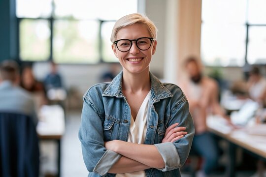 The Teacher in Denim Jacket Smiling in a Bright Classroom