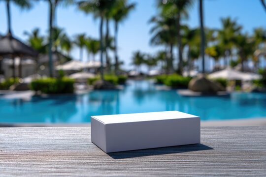 White box sits on wooden deck overlooking a tropical resort swimming pool
