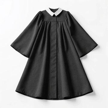 A classic black academic graduation or judicial robe featuring a contrasting white Peter Pan collar, laid flat against a clean white background.