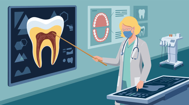 Female dentist pointing at tooth anatomy cross section diagram on screen with xray and dental equipment in clinic illustration