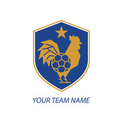 Fototapeta premium Rooster sports logo featuring a golden soccer ball within a blue heraldic shield on white background