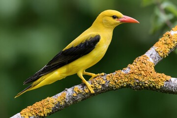 Obraz premium The Golden Oriole Perched On a Mossy, Lichen-Covered Branch in Warm Sunlight