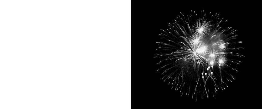 Monochrome fireworks explosion on black background, white firework burst with alpha matte, dramatic pyrotechnic display for compositing and design
