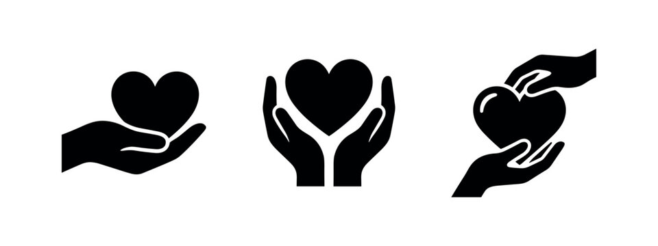 Hands holding and giving heart icons set. Love, care, charity, and donation symbol in black vector silhouettes.