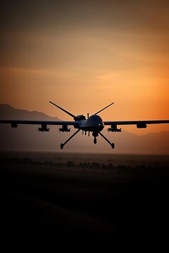 Advanced Military Unmanned Aerial Vehicle Drone Hovering at Dusk in a Dramatic Sky, Aviation Mission
