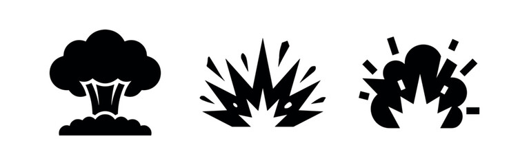 Explosion icons set. Bomb, burst, power, and impact symbols in black vector silhouettes. © Lili