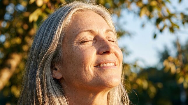 Portrait of a smiling older woman with closed eyes, basking in the warm sunlight amidst blurred autumn foliage, conveying peace and contentment