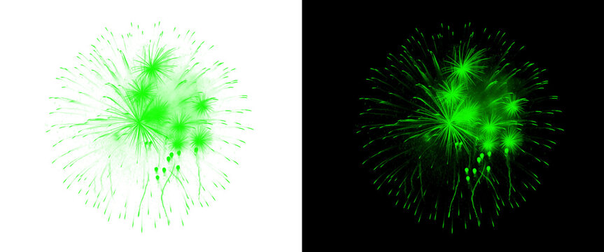 Green fireworks explosion set on black and white backgrounds, vibrant neon pyrotechnic burst, glowing emerald firework display for festive celebration