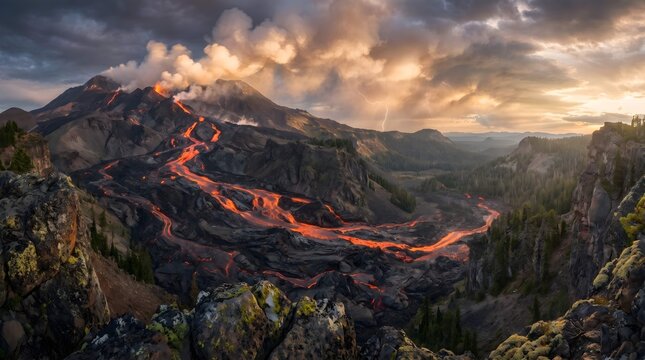 Erupting volcano spews molten lava flows down rugged mountain terrain at sunset