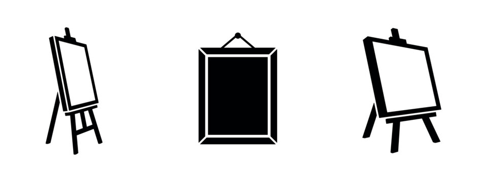 Art easel and framed picture icons set, creative hobby and display symbols.