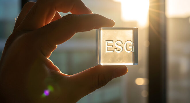 A hand holds a glass cube with ESG letters in front of a sunny window with a blurred city view