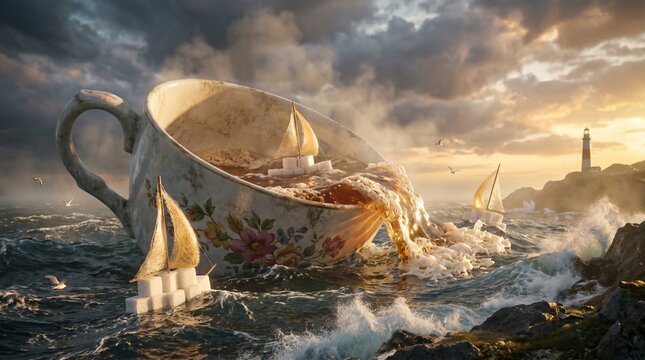 Whimsical seascape art featuring a teacup filled with a stormy sea and miniature sailboats, sugar cube islands, and a lighthouse on a rocky shore