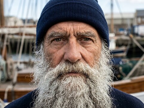 Closeup portrait of an elderly fisherman with a long white beard and a navy blue beanie hat, standing on a dock with boats in the background