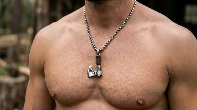 Shirtless man wearing silver axe pendant necklace outdoors.
