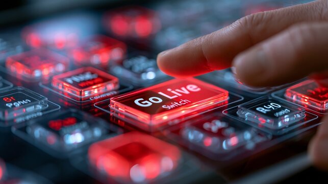 Human finger pressing a glowing red go live button on a professional broadcast control panel with cinematic soft bokeh lighting