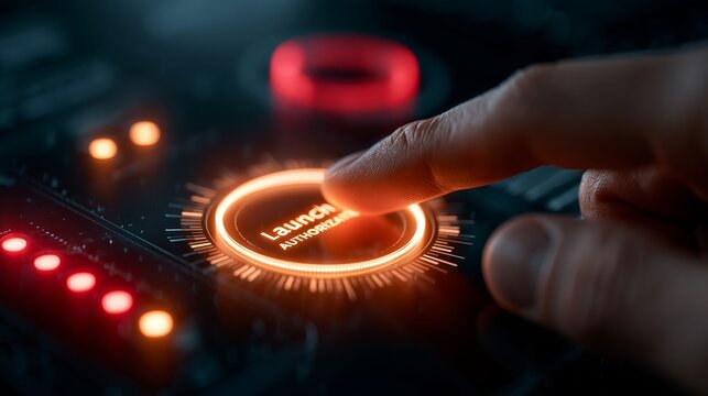 Human finger pressing a glowing orange launch authorization button on a futuristic control panel with dark blurred technical background lighting