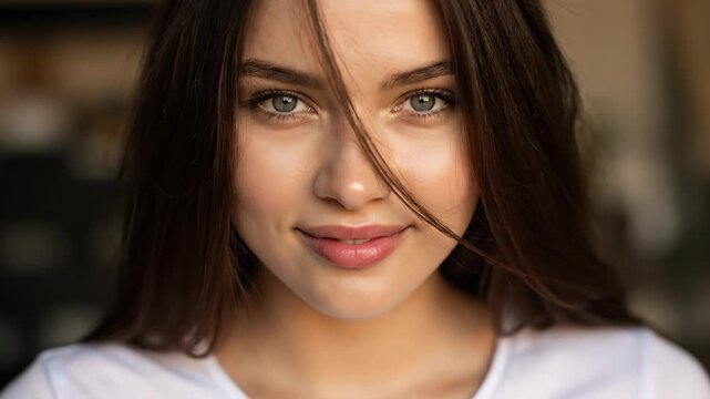Close up of foreign girl's face, close up of pure beauty smiling
