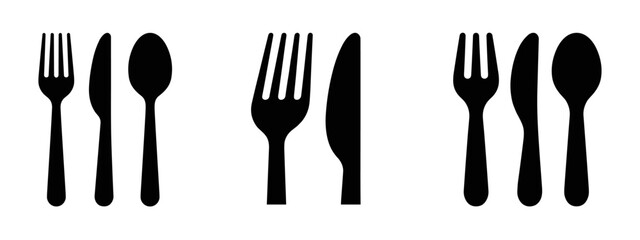 Cutlery icon set. Fork, knife, and spoon symbols for dining and restaurant use.