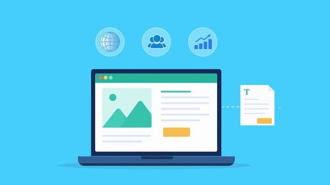Modern flat vector animation featuring a laptop dashboard with global audience, user, and growth analytics icons. Ideal for customer insights, audience tracking, business intelligence, and performance