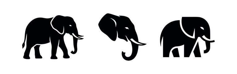 Obraz premium Elephant black silhouette icons set in various poses. Wild animal, safari, or zoo vector illustration.