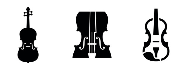 Violin or cello black silhouette icons set in various stylized forms. String instrument music vector illustration. © Lili