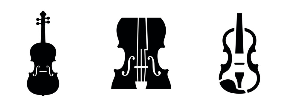 Violin or cello black silhouette icons set in various stylized forms. String instrument music vector illustration.
