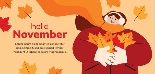 Naklejka premium A cartoon woman holding autumn leaves.