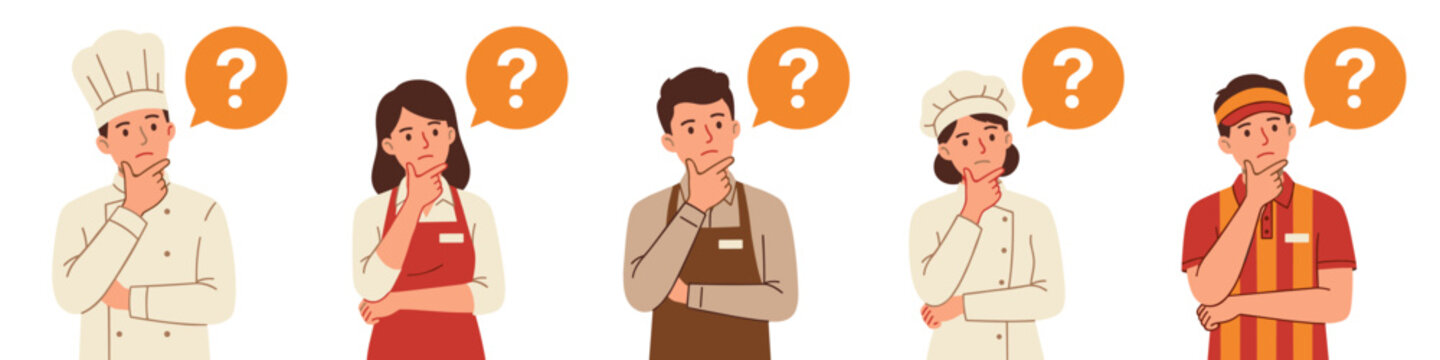 Chefs and food service staff thinking with question marks, restaurant problem and doubt concept on transparent background