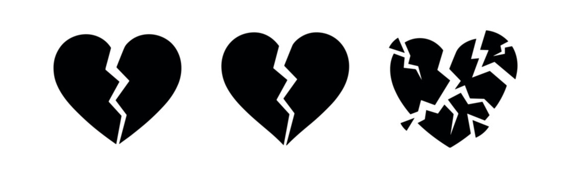 Broken heart black silhouette icons set. Sadness, breakup, and emotional pain symbols vector illustration.