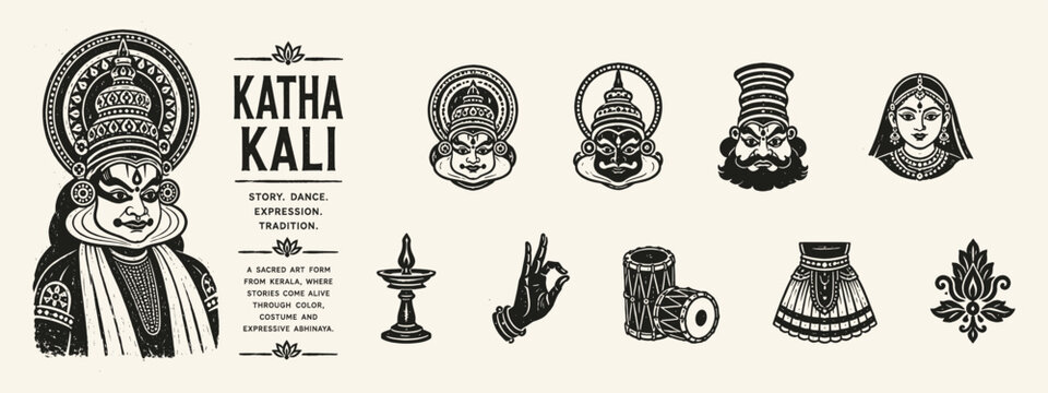 Kathakali traditional dance drama illustration collection with masks and mudras