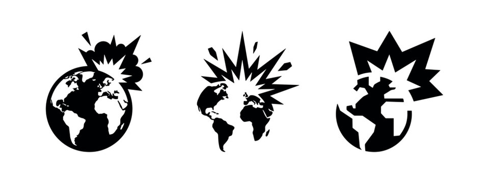 Exploding Earth icons set, global crisis and environmental disaster concept.