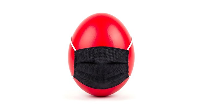 Red egg shaped character wearing black protective face mask on white background