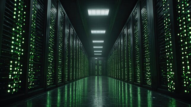 Dimly lit, futuristic server room with glowing green lights