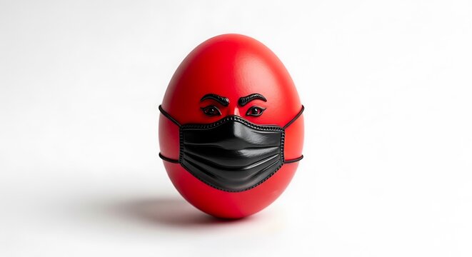 Red egg wearing black face mask during pandemic on white background