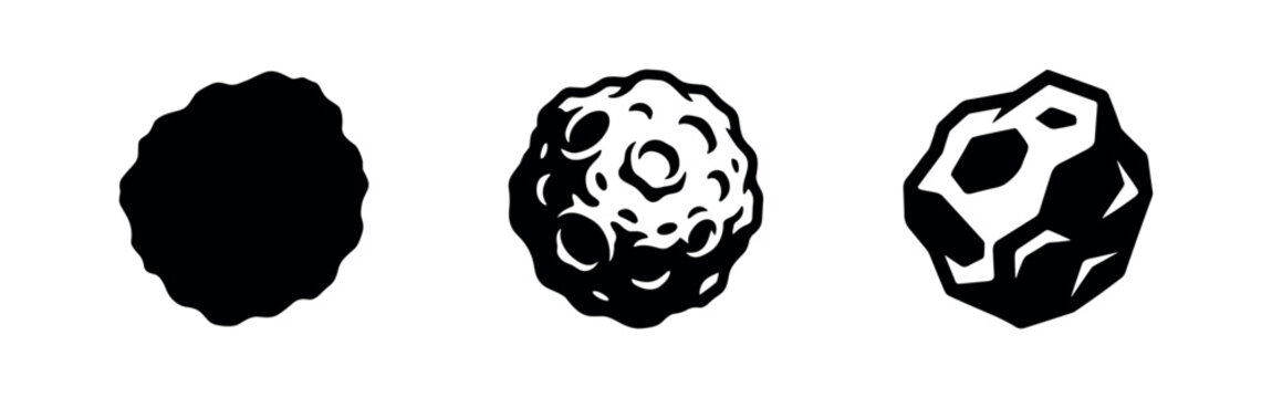 Meteorite and asteroid rock icons set, space geology and celestial body vector.