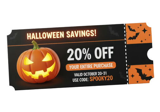 Halloween savings coupon with pumpkin and bats isolated on transparent background