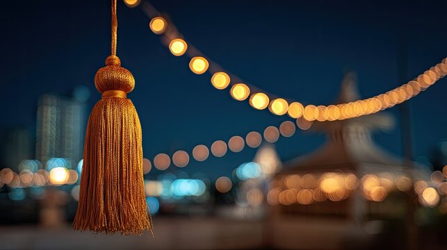 Golden tassel hangs in front of blurred city lights and festive string illumination